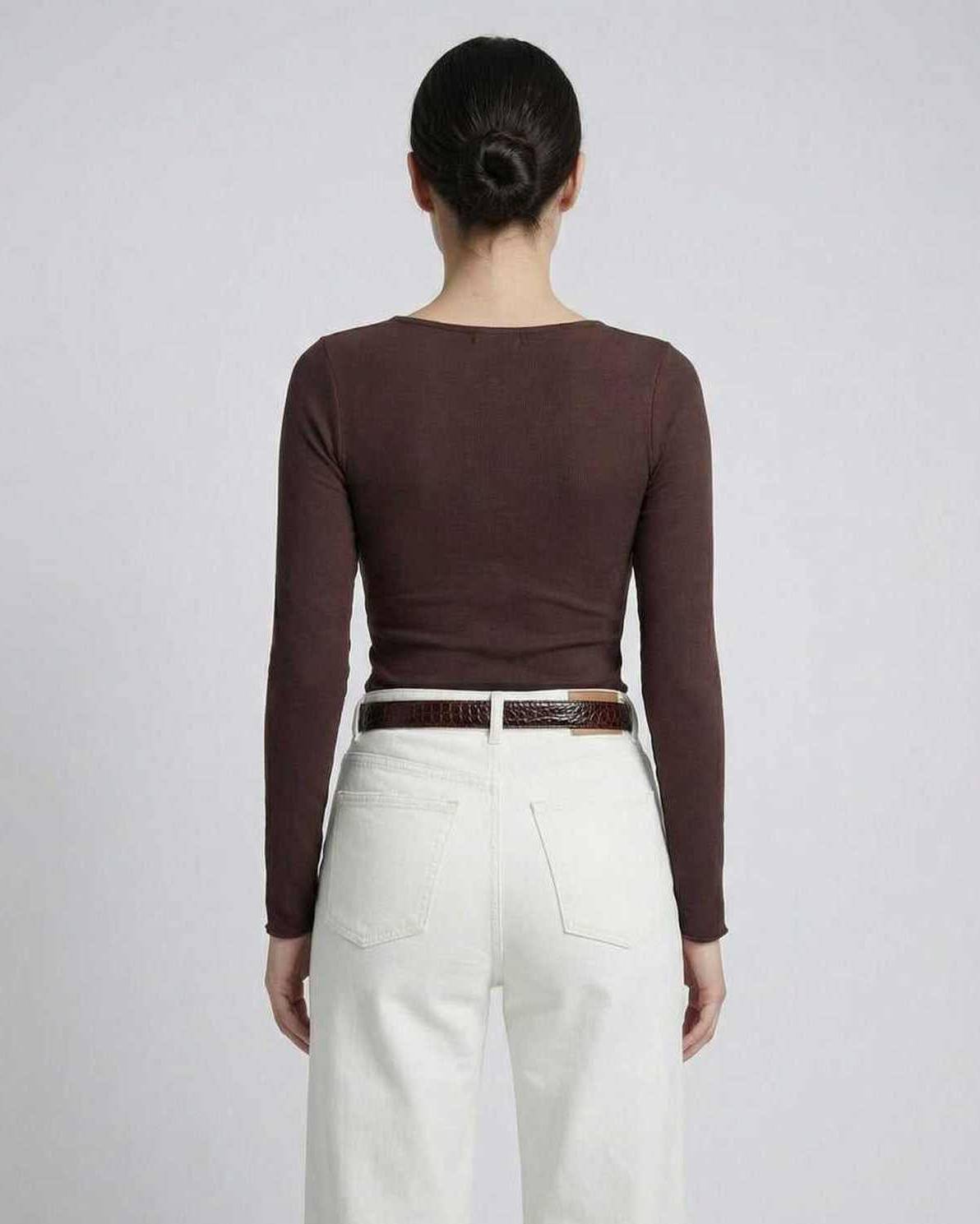 Sienna Long Sleeve brown top showcasing refined pleating and a sleek fit, perfect for casual occasions by RAMBLION.