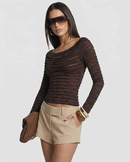 Anpa Pullover brown long sleeve top by RAMBLION, featuring textured fabric, perfect for casual outings and stylish comfort.