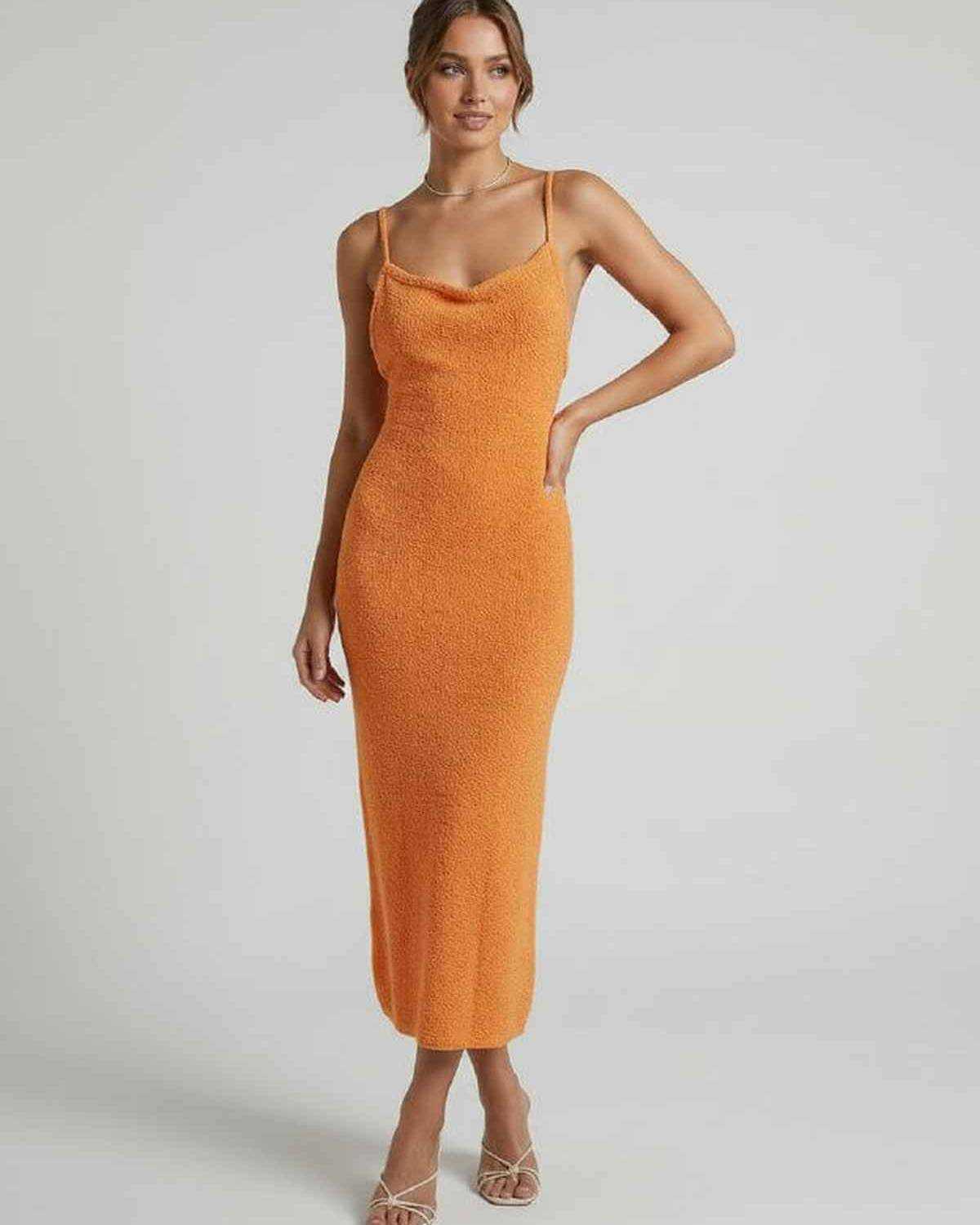 Sima Midi Dress in vibrant orange, cotton blend, perfect for chic warm weather outings by RAMBLION.
