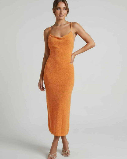 Sima Midi Dress in vibrant orange, cotton blend, perfect for chic warm weather outings by RAMBLION.