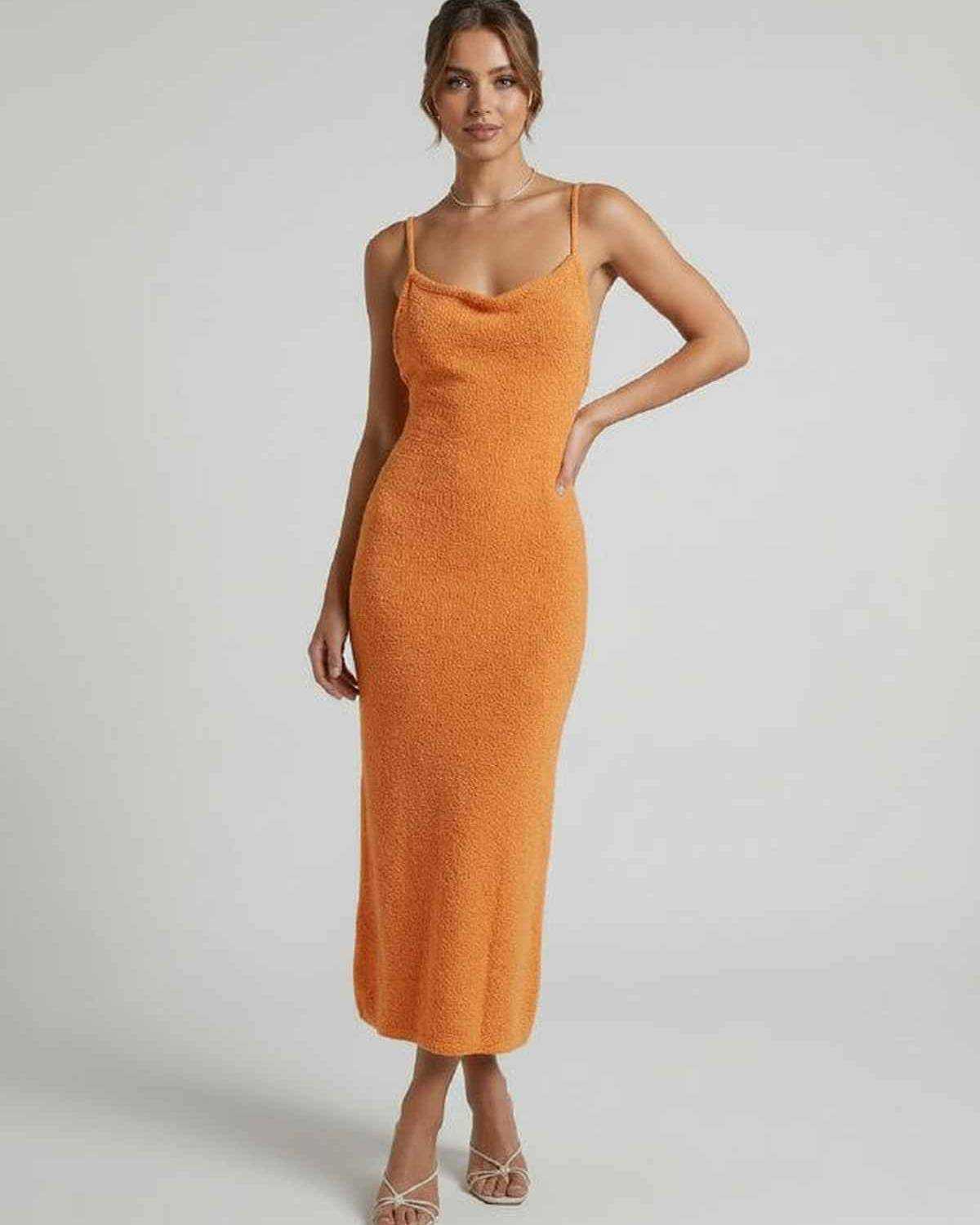 Sima Midi Dress in bold orange hue features a soft texture, perfect for warm weather outings by RAMBLION.