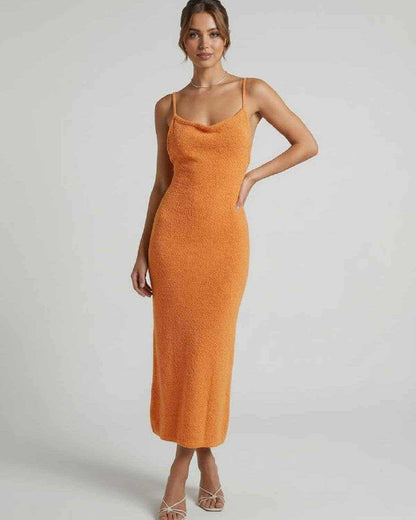 Sima Midi Dress in bold orange hue features a soft texture, perfect for warm weather outings by RAMBLION.