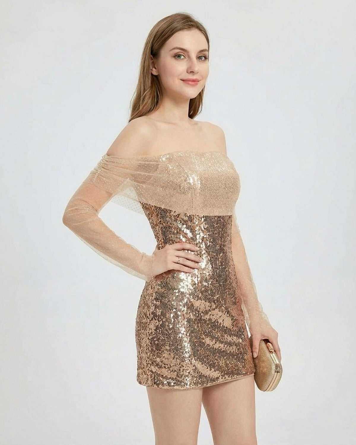 Sira Mini Dress by RAMBLION, beige sequined mini dress, elegant off-the-shoulder style, perfect for special occasions.