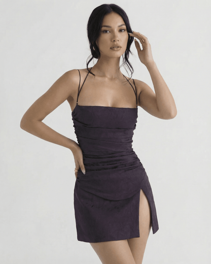 Siva Mini Dress by RAMBLION, purple mini dress with square neck, spaghetti straps, and soft ruched detailing, perfect for elegant occasions.