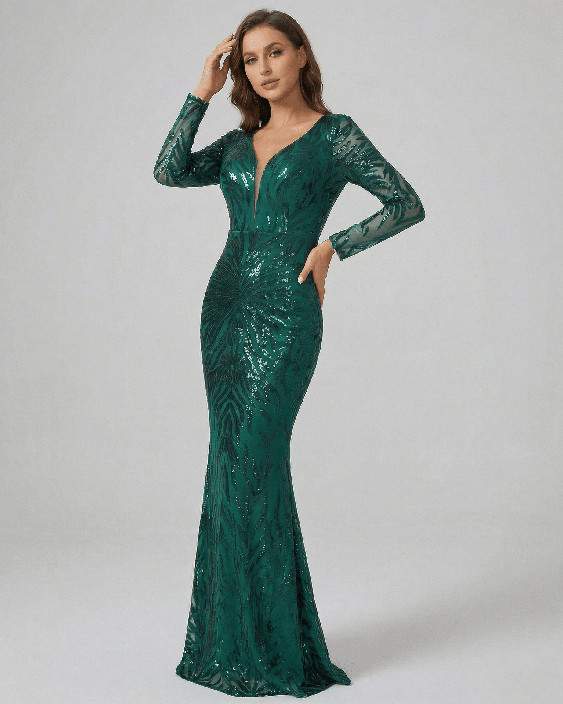 Green Satin Mermaid V-Neck Long Sleeve Maxi Dress | Guest of Wedding, front view | Ramblion | SKU: VMD-91734-green-L-4760,VMD-91734-green-M-5352,VMD-91734-green-S-2226,VMD-91734-green-XL-3076,VMD-91734-green-XS-7779
