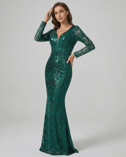 Green Satin Mermaid V-Neck Long Sleeve Maxi Dress | Guest of Wedding, front view | Ramblion | SKU: VMD-91734-green-L-4760,VMD-91734-green-M-5352,VMD-91734-green-S-2226,VMD-91734-green-XL-3076,VMD-91734-green-XS-7779