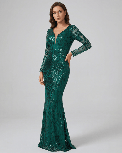 Green Satin Mermaid V-Neck Long Sleeve Maxi Dress | Guest of Wedding, front view | Ramblion | SKU: VMD-91734-green-L-4760,VMD-91734-green-M-5352,VMD-91734-green-S-2226,VMD-91734-green-XL-3076,VMD-91734-green-XS-7779