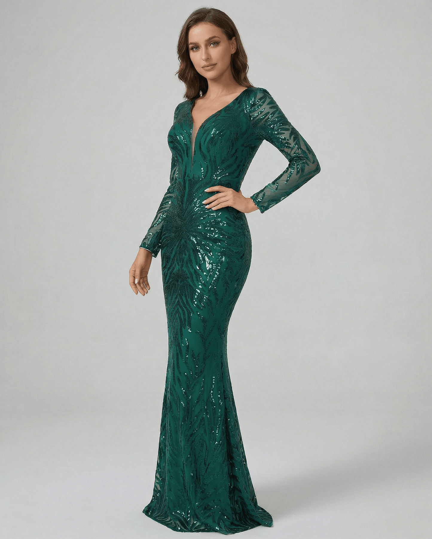 Green Satin Mermaid V-Neck Long Sleeve Maxi Dress | Guest of Wedding, side view | Ramblion | SKU: VMD-91734-green-L-4760,VMD-91734-green-M-5352,VMD-91734-green-S-2226,VMD-91734-green-XL-3076,VMD-91734-green-XS-7779