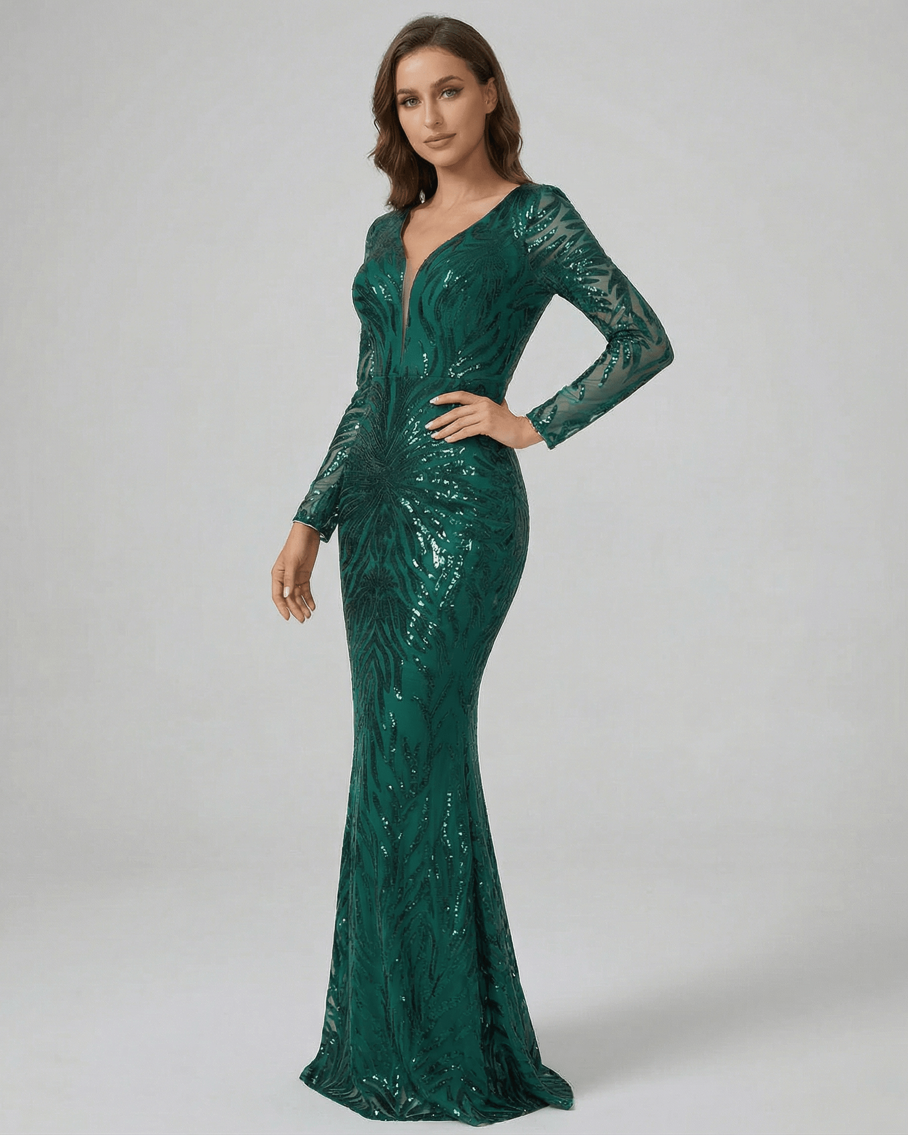 Green Satin Mermaid V-Neck Long Sleeve Maxi Dress | Guest of Wedding, side view | Ramblion | SKU: VMD-91734-green-L-4760,VMD-91734-green-M-5352,VMD-91734-green-S-2226,VMD-91734-green-XL-3076,VMD-91734-green-XS-7779