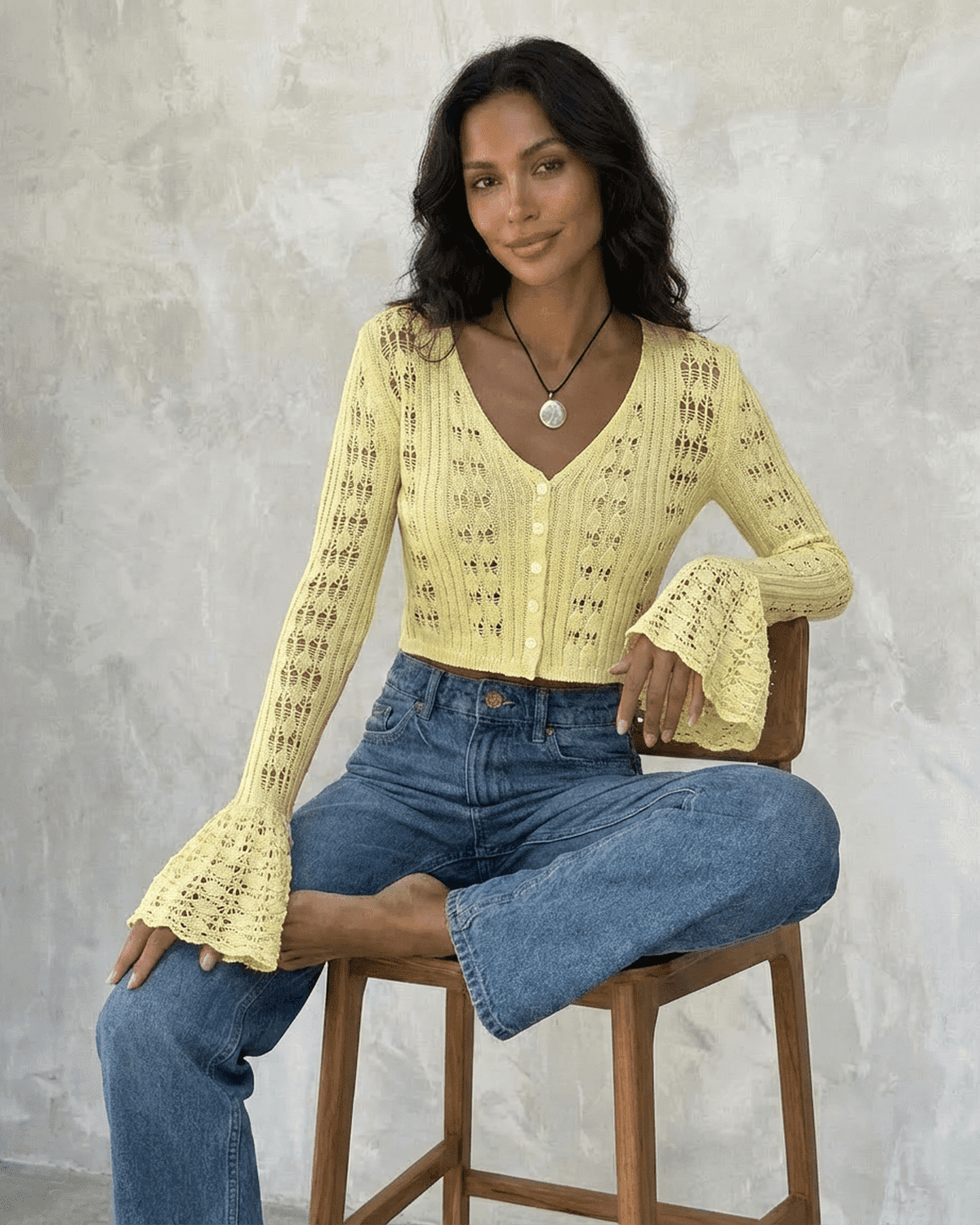 Yellow Cotton Cardigan, front view | Ramblion | SKU: SC-48291-yellow-L-6439,SC-48291-yellow-M-5840,SC-48291-yellow-S-9589,SC-48291-yellow-XL-4469,SC-48291-yellow-XS-3898