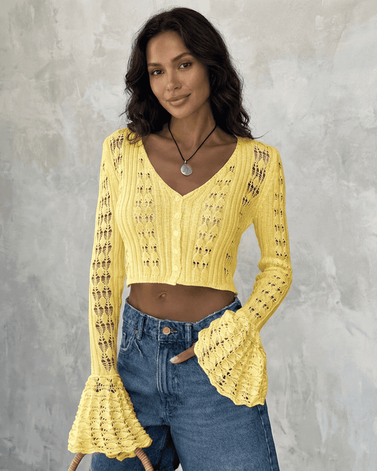 Solana Cardigan in yellow, cropped cotton knit with flare sleeves, perfect for warm-weather layering by RAMBLION.
