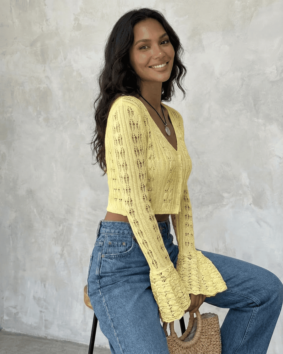 Solana Cardigan by RAMBLION - Cropped cotton knit cardigan with flare sleeves in yellow, perfect for warm-weather layering.