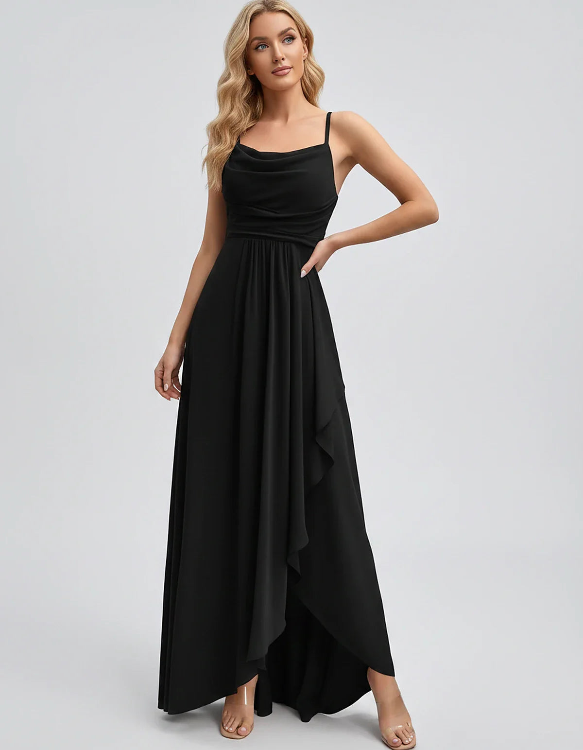 Chiffon Sleeveless Cowl Neck A-Line Maxi Dress for Party, Cocktail, Evening, Wedding Guest, Bridesmaid & Summer Events, front | SKU: SM-482716395814207-BLACK-L,SM-482716395814207-BLACK-M,SM-482716395814207-BLACK-S,SM-482716395814207-BLACK-XL,SM-482716395814207-BLACK-XS