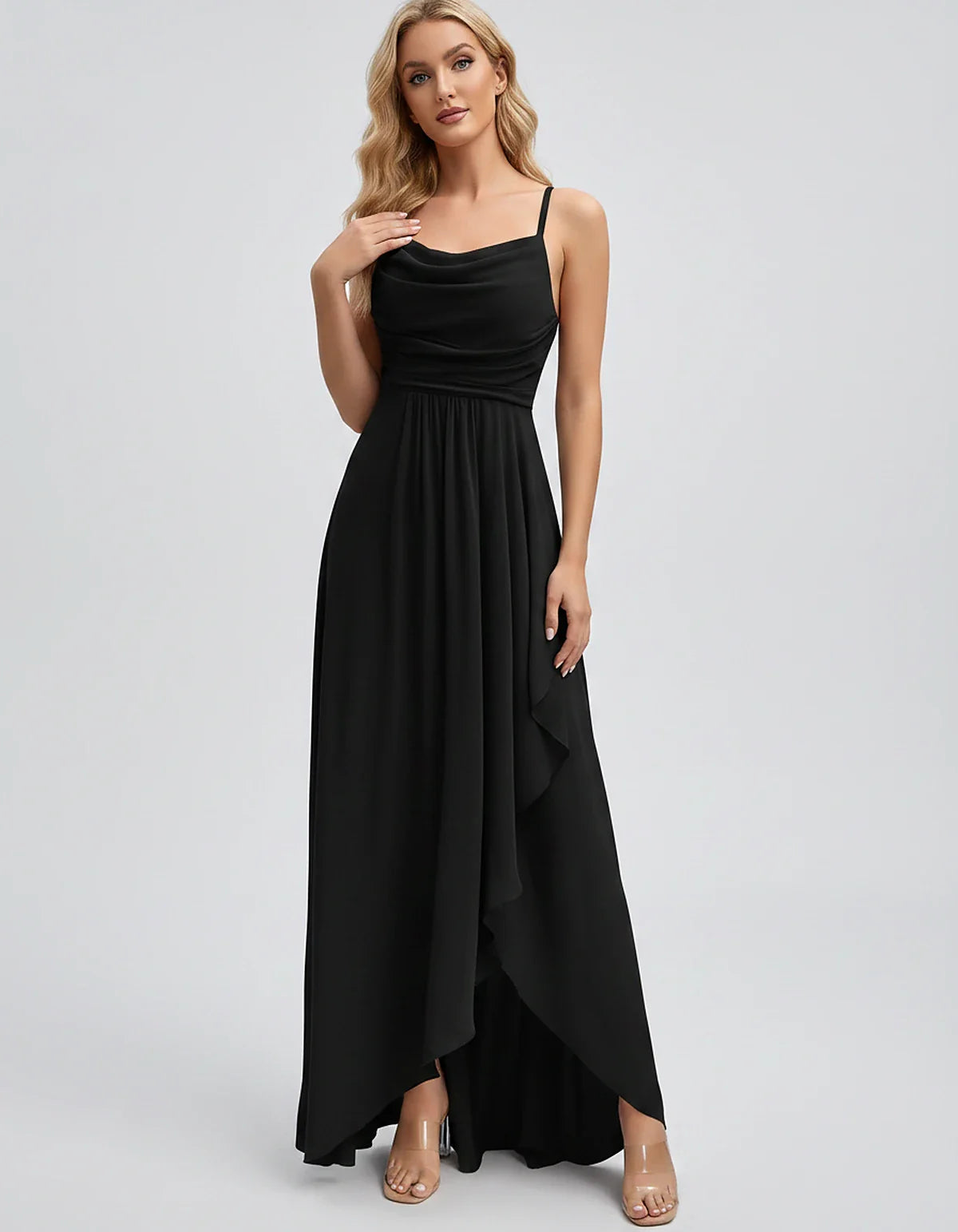 Chiffon Sleeveless Cowl Neck A-Line Maxi Dress for Party, Cocktail, Evening, Wedding Guest, Bridesmaid & Summer Events, front | SKU: SM-482716395814207-BLACK-L,SM-482716395814207-BLACK-M,SM-482716395814207-BLACK-S,SM-482716395814207-BLACK-XL,SM-482716395814207-BLACK-XS