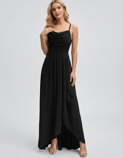 Chiffon Sleeveless Cowl Neck A-Line Maxi Dress for Party, Cocktail, Evening, Wedding Guest, Bridesmaid & Summer Events, front | SKU: SM-482716395814207-BLACK-L,SM-482716395814207-BLACK-M,SM-482716395814207-BLACK-S,SM-482716395814207-BLACK-XL,SM-482716395814207-BLACK-XS