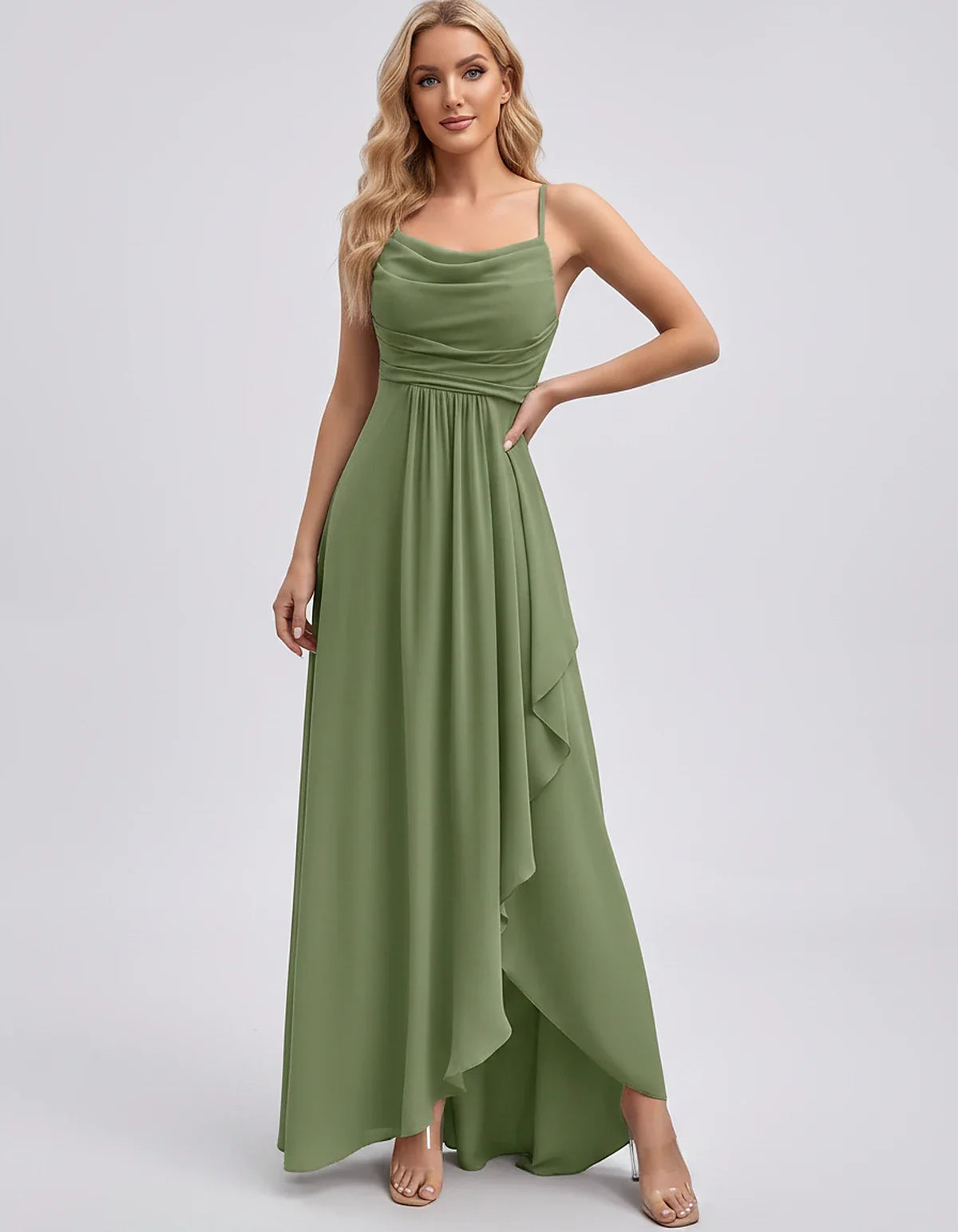 Chiffon Sleeveless Cowl Neck A-Line Maxi Dress for Party, Cocktail, Evening, Wedding Guest, Bridesmaid & Summer Events, front | SKU: SM-482716395814207-OLIVE-L,SM-482716395814207-OLIVE-M,SM-482716395814207-OLIVE-S,SM-482716395814207-OLIVE-XL,SM-482716395814207-OLIVE-XS