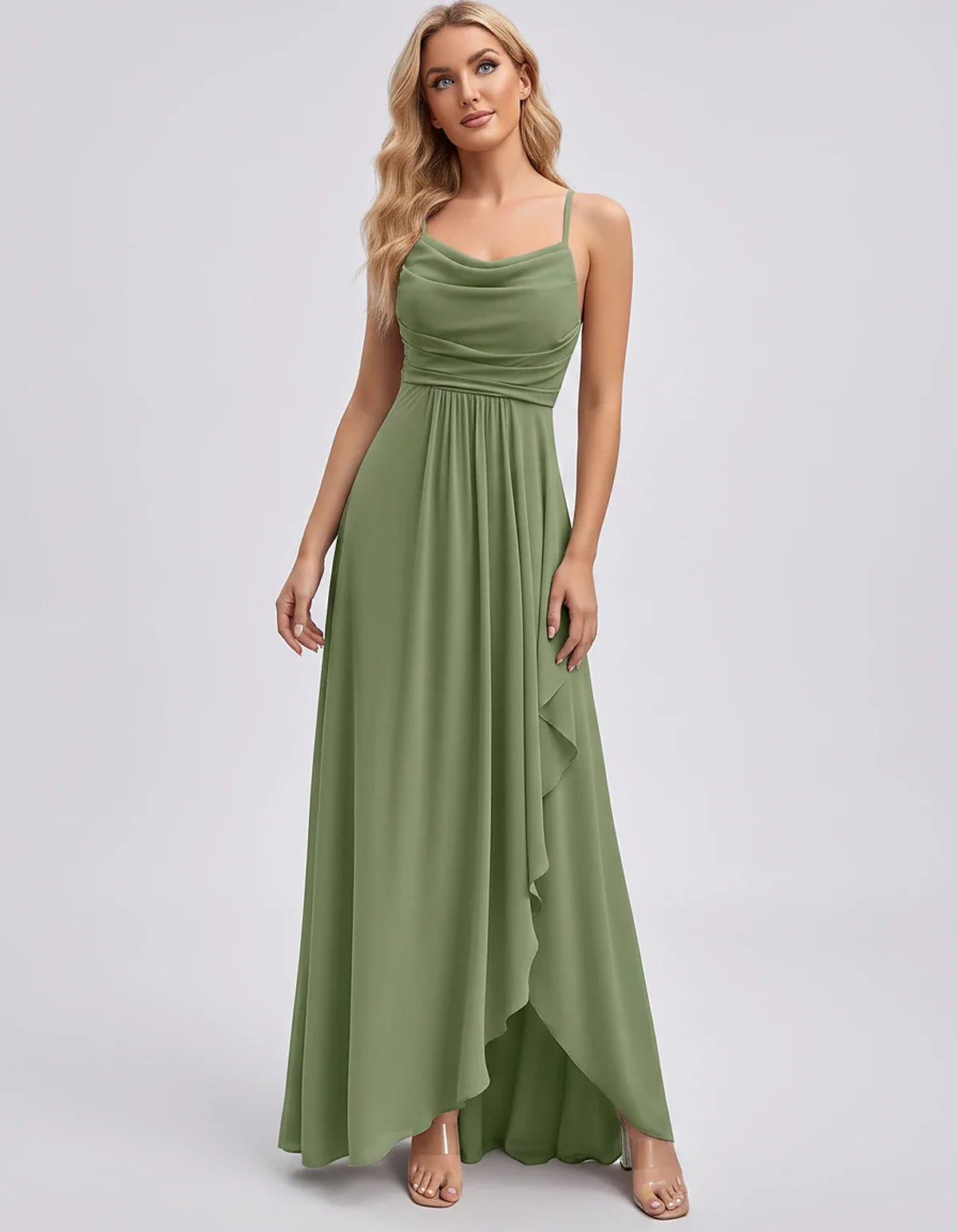 Chiffon Sleeveless Cowl Neck A-Line Maxi Dress for Party, Cocktail, Evening, Wedding Guest, Bridesmaid & Summer Events, front | SKU: SM-482716395814207-OLIVE-L,SM-482716395814207-OLIVE-M,SM-482716395814207-OLIVE-S,SM-482716395814207-OLIVE-XL,SM-482716395814207-OLIVE-XS