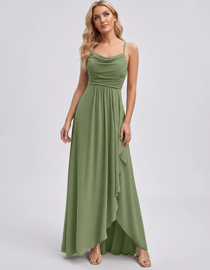 Chiffon Sleeveless Cowl Neck A-Line Maxi Dress for Party, Cocktail, Evening, Wedding Guest, Bridesmaid & Summer Events, front | SKU: SM-482716395814207-OLIVE-L,SM-482716395814207-OLIVE-M,SM-482716395814207-OLIVE-S,SM-482716395814207-OLIVE-XL,SM-482716395814207-OLIVE-XS