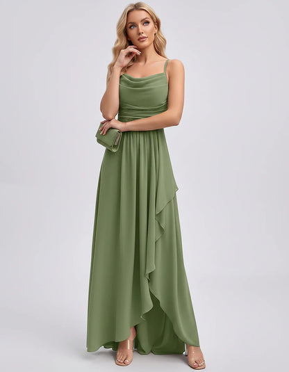 Chiffon Sleeveless Cowl Neck A-Line Maxi Dress for Party, Cocktail, Evening, Wedding Guest, Bridesmaid & Summer Events, front | SKU: SM-482716395814207-OLIVE-L,SM-482716395814207-OLIVE-M,SM-482716395814207-OLIVE-S,SM-482716395814207-OLIVE-XL,SM-482716395814207-OLIVE-XS