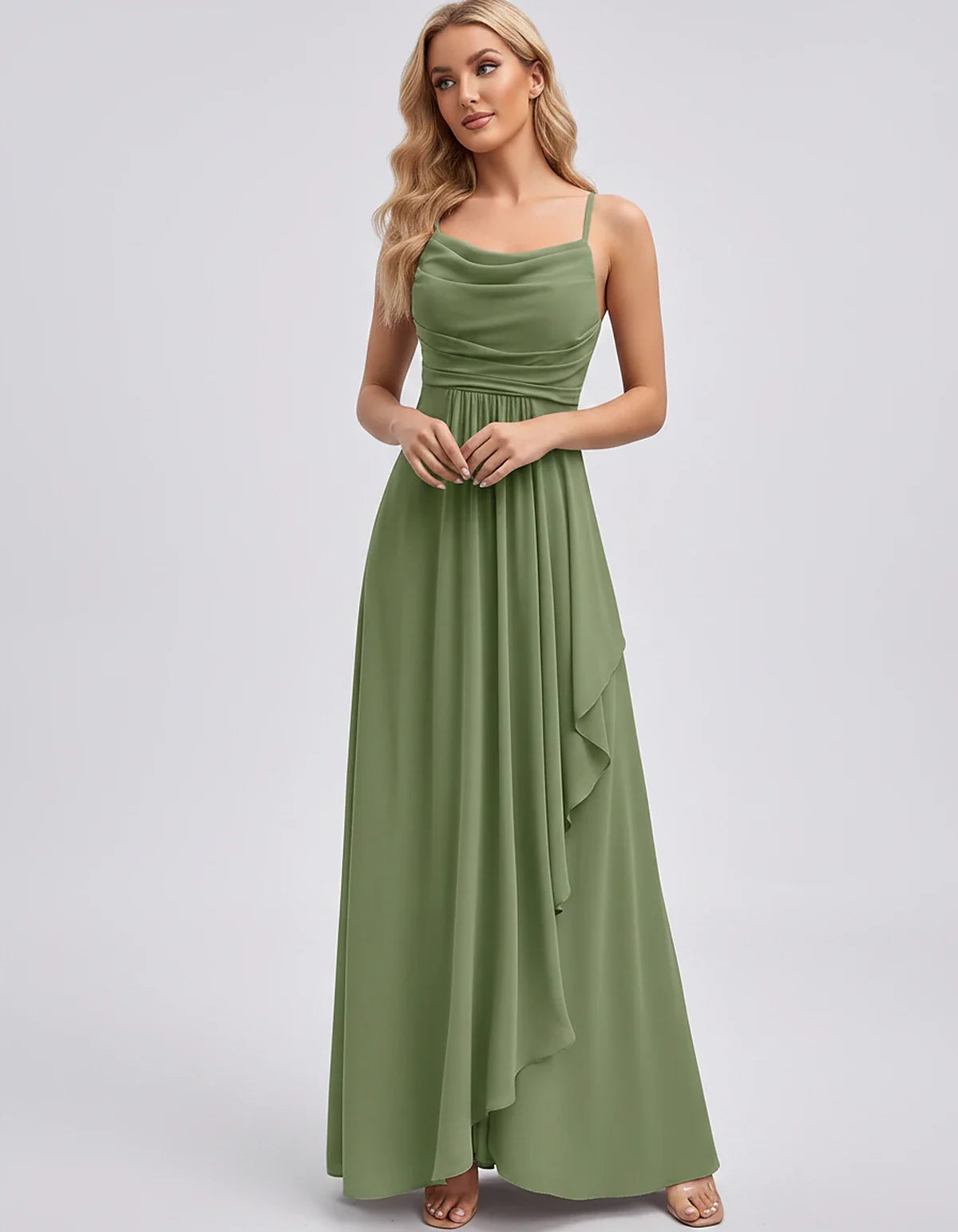 Chiffon Sleeveless Cowl Neck A-Line Maxi Dress for Party, Cocktail, Evening, Wedding Guest, Bridesmaid & Summer Events, front | SKU: SM-482716395814207-OLIVE-L,SM-482716395814207-OLIVE-M,SM-482716395814207-OLIVE-S,SM-482716395814207-OLIVE-XL,SM-482716395814207-OLIVE-XS