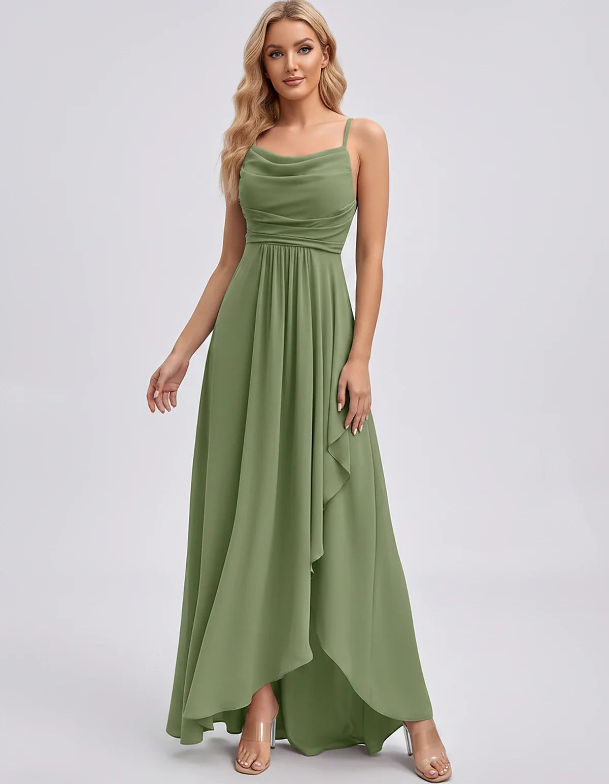 Chiffon Sleeveless Cowl Neck A-Line Maxi Dress for Party, Cocktail, Evening, Wedding Guest, Bridesmaid & Summer Events, front | SKU: SM-482716395814207-OLIVE-L,SM-482716395814207-OLIVE-M,SM-482716395814207-OLIVE-S,SM-482716395814207-OLIVE-XL,SM-482716395814207-OLIVE-XS