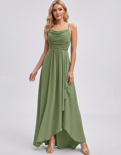 Chiffon Sleeveless Cowl Neck A-Line Maxi Dress for Party, Cocktail, Evening, Wedding Guest, Bridesmaid & Summer Events, front | SKU: SM-482716395814207-OLIVE-L,SM-482716395814207-OLIVE-M,SM-482716395814207-OLIVE-S,SM-482716395814207-OLIVE-XL,SM-482716395814207-OLIVE-XS