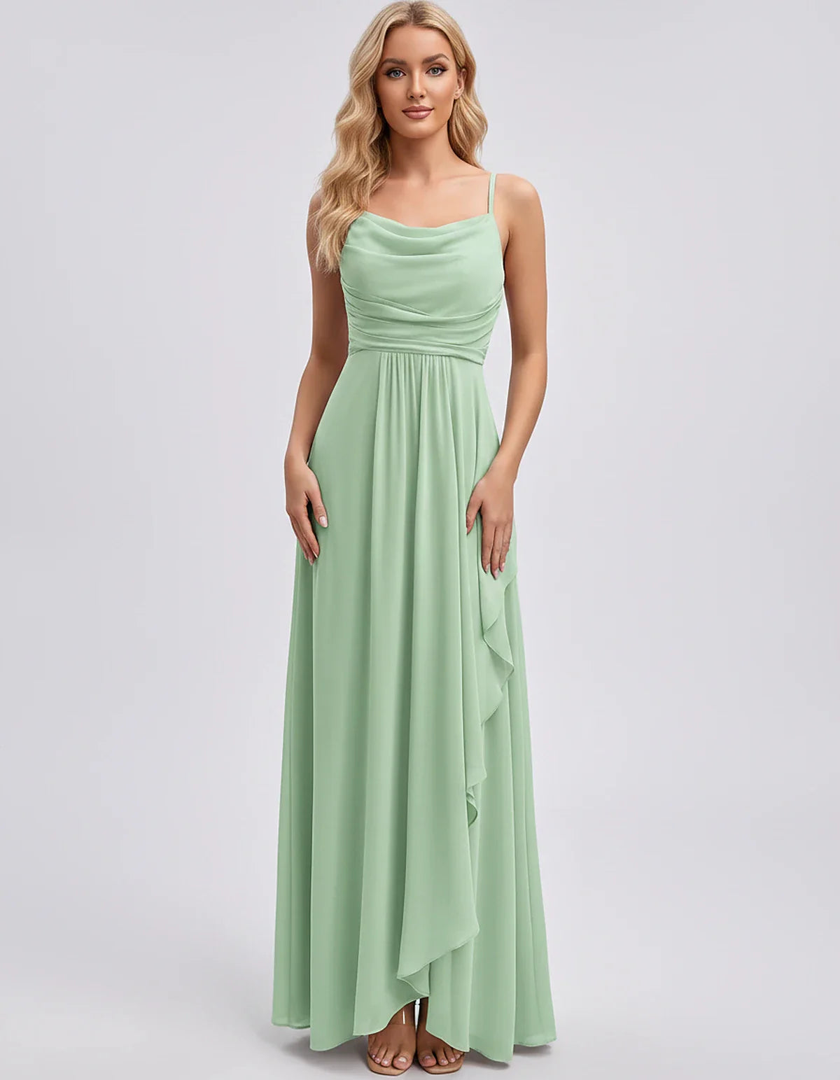 Chiffon Sleeveless Cowl Neck A-Line Maxi Dress for Party, Cocktail, Evening, Wedding Guest, Bridesmaid & Summer Events, front | SKU: SM-482716395814207-GREEN-L,SM-482716395814207-GREEN-M,SM-482716395814207-GREEN-S,SM-482716395814207-GREEN-XL,SM-482716395814207-GREEN-XS