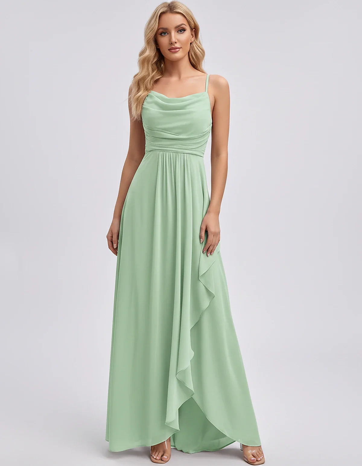 Chiffon Sleeveless Cowl Neck A-Line Maxi Dress for Party, Cocktail, Evening, Wedding Guest, Bridesmaid & Summer Events, front | SKU: SM-482716395814207-GREEN-L,SM-482716395814207-GREEN-M,SM-482716395814207-GREEN-S,SM-482716395814207-GREEN-XL,SM-482716395814207-GREEN-XS