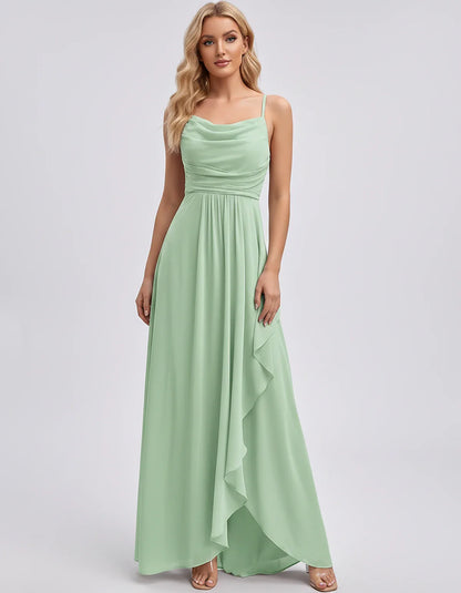 Chiffon Sleeveless Cowl Neck A-Line Maxi Dress for Party, Cocktail, Evening, Wedding Guest, Bridesmaid & Summer Events, front | SKU: SM-482716395814207-GREEN-L,SM-482716395814207-GREEN-M,SM-482716395814207-GREEN-S,SM-482716395814207-GREEN-XL,SM-482716395814207-GREEN-XS