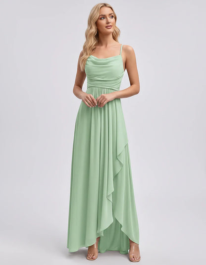Chiffon Sleeveless Cowl Neck A-Line Maxi Dress for Party, Cocktail, Evening, Wedding Guest, Bridesmaid & Summer Events, front | SKU: SM-482716395814207-GREEN-L,SM-482716395814207-GREEN-M,SM-482716395814207-GREEN-S,SM-482716395814207-GREEN-XL,SM-482716395814207-GREEN-XS