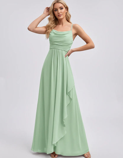 Chiffon Sleeveless Cowl Neck A-Line Maxi Dress for Party, Cocktail, Evening, Wedding Guest, Bridesmaid & Summer Events, front | SKU: SM-482716395814207-GREEN-L,SM-482716395814207-GREEN-M,SM-482716395814207-GREEN-S,SM-482716395814207-GREEN-XL,SM-482716395814207-GREEN-XS