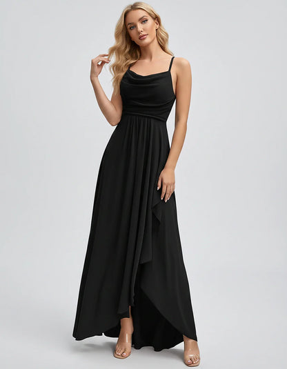 Chiffon Sleeveless Cowl Neck A-Line Maxi Dress for Party, Cocktail, Evening, Wedding Guest, Bridesmaid & Summer Events, front | SKU: SM-482716395814207-BLACK-L,SM-482716395814207-BLACK-M,SM-482716395814207-BLACK-S,SM-482716395814207-BLACK-XL,SM-482716395814207-BLACK-XS