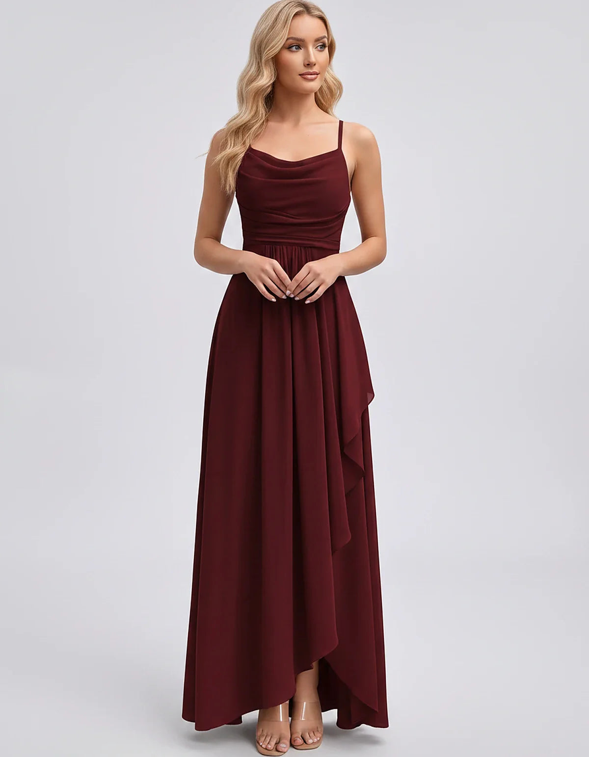Chiffon Sleeveless Cowl Neck A-Line Maxi Dress for Party, Cocktail, Evening, Wedding Guest, Bridesmaid & Summer Events, front | SKU: SM-482716395814207-WINE-L,SM-482716395814207-WINE-M,SM-482716395814207-WINE-S,SM-482716395814207-WINE-XL,SM-482716395814207-WINE-XS