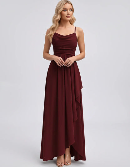 Chiffon Sleeveless Cowl Neck A-Line Maxi Dress for Party, Cocktail, Evening, Wedding Guest, Bridesmaid & Summer Events, front | SKU: SM-482716395814207-WINE-L,SM-482716395814207-WINE-M,SM-482716395814207-WINE-S,SM-482716395814207-WINE-XL,SM-482716395814207-WINE-XS