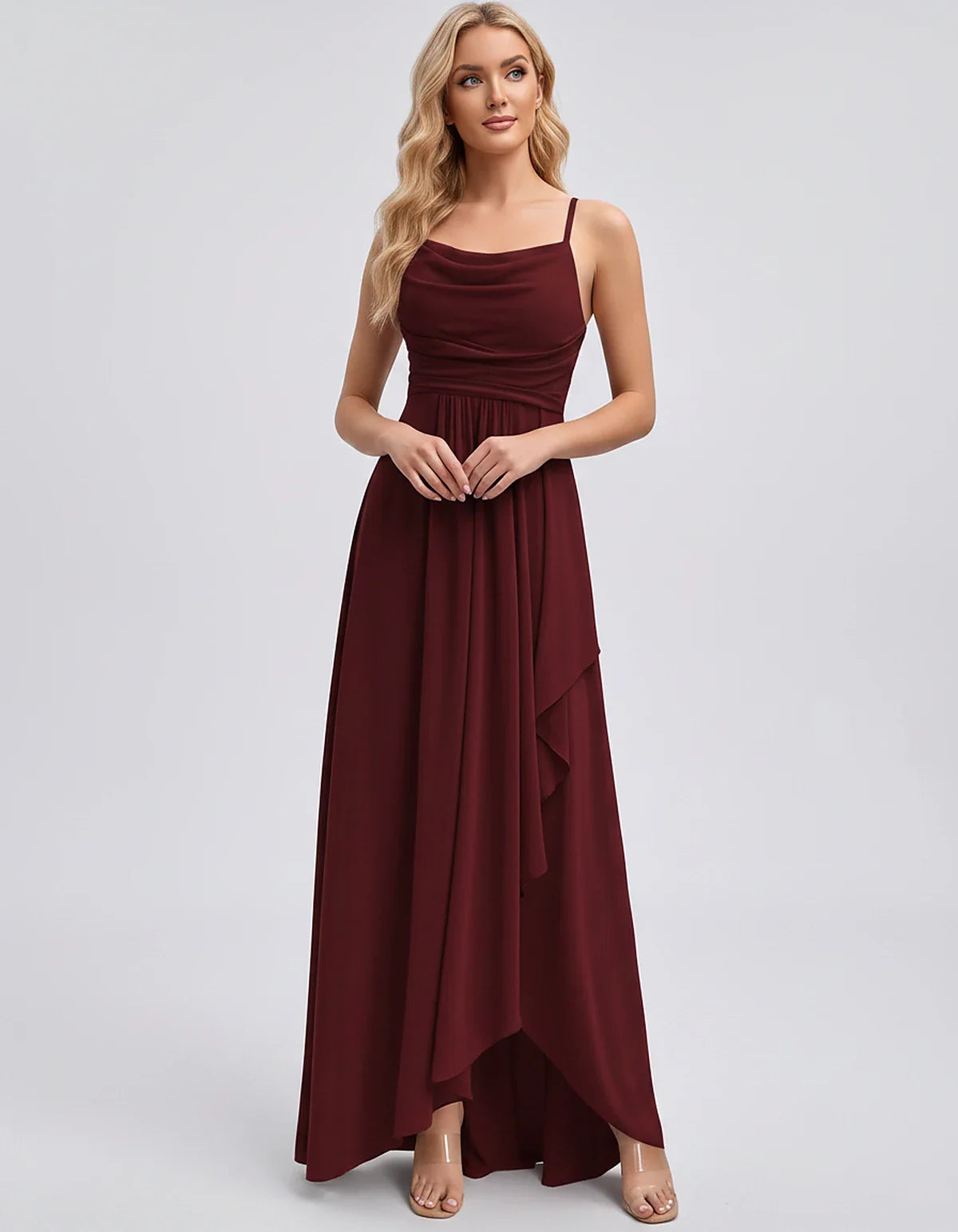 Chiffon Sleeveless Cowl Neck A-Line Maxi Dress for Party, Cocktail, Evening, Wedding Guest, Bridesmaid & Summer Events, front | SKU: SM-482716395814207-WINE-L,SM-482716395814207-WINE-M,SM-482716395814207-WINE-S,SM-482716395814207-WINE-XL,SM-482716395814207-WINE-XS