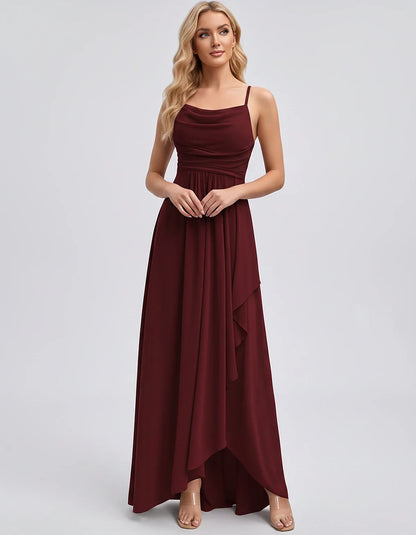 Chiffon Sleeveless Cowl Neck A-Line Maxi Dress for Party, Cocktail, Evening, Wedding Guest, Bridesmaid & Summer Events, front | SKU: SM-482716395814207-WINE-L,SM-482716395814207-WINE-M,SM-482716395814207-WINE-S,SM-482716395814207-WINE-XL,SM-482716395814207-WINE-XS