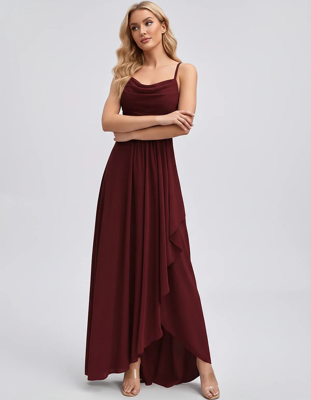 Chiffon Sleeveless Cowl Neck A-Line Maxi Dress for Party, Cocktail, Evening, Wedding Guest, Bridesmaid & Summer Events, front | SKU: SM-482716395814207-WINE-L,SM-482716395814207-WINE-M,SM-482716395814207-WINE-S,SM-482716395814207-WINE-XL,SM-482716395814207-WINE-XS