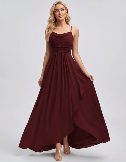 Chiffon Sleeveless Cowl Neck A-Line Maxi Dress for Party, Cocktail, Evening, Wedding Guest, Bridesmaid & Summer Events, front | SKU: SM-482716395814207-WINE-L,SM-482716395814207-WINE-M,SM-482716395814207-WINE-S,SM-482716395814207-WINE-XL,SM-482716395814207-WINE-XS