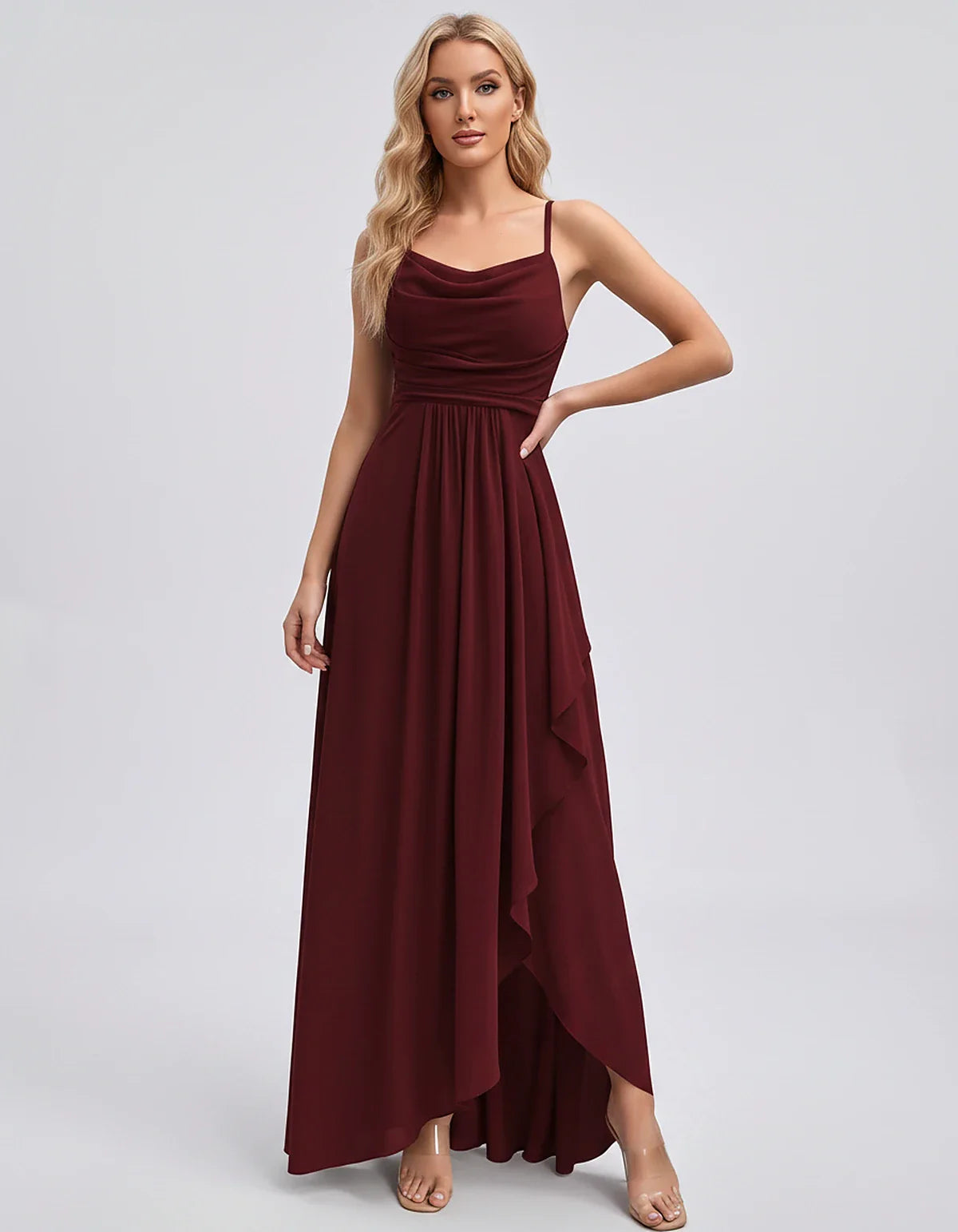 Chiffon Sleeveless Cowl Neck A-Line Maxi Dress for Party, Cocktail, Evening, Wedding Guest, Bridesmaid & Summer Events, front | SKU: SM-482716395814207-WINE-L,SM-482716395814207-WINE-M,SM-482716395814207-WINE-S,SM-482716395814207-WINE-XL,SM-482716395814207-WINE-XS