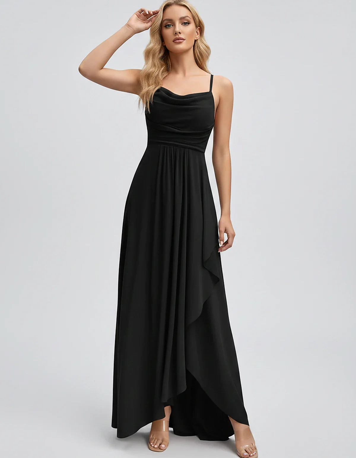 Chiffon Sleeveless Cowl Neck A-Line Maxi Dress for Party, Cocktail, Evening, Wedding Guest, Bridesmaid & Summer Events, front | SKU: SM-482716395814207-BLACK-L,SM-482716395814207-BLACK-M,SM-482716395814207-BLACK-S,SM-482716395814207-BLACK-XL,SM-482716395814207-BLACK-XS