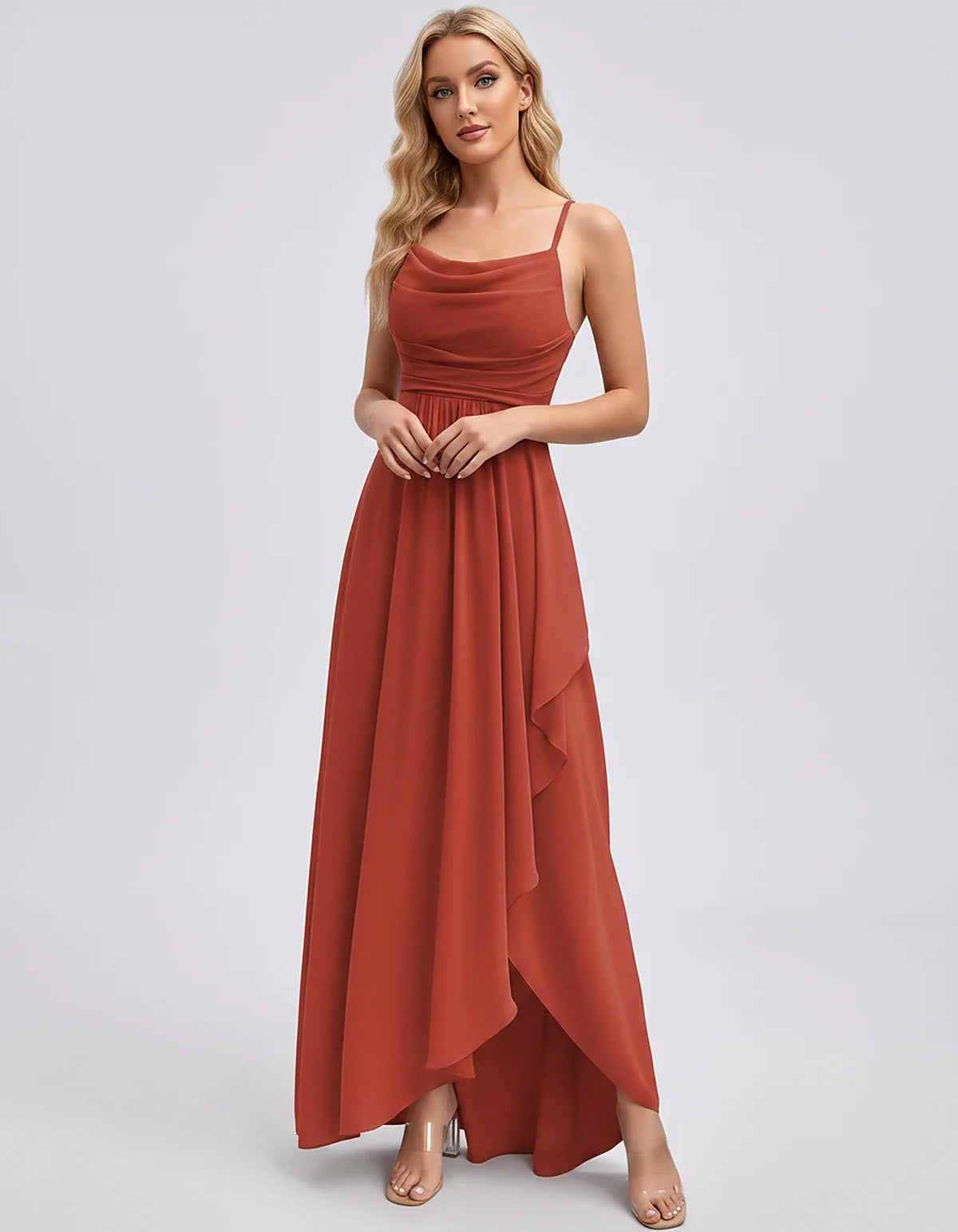 Chiffon Sleeveless Cowl Neck A-Line Maxi Dress for Party, Cocktail, Evening, Wedding Guest, Bridesmaid & Summer Events, front | SKU: SM-482716395814207-CORAL-L,SM-482716395814207-CORAL-M,SM-482716395814207-CORAL-S,SM-482716395814207-CORAL-XL,SM-482716395814207-CORAL-XS