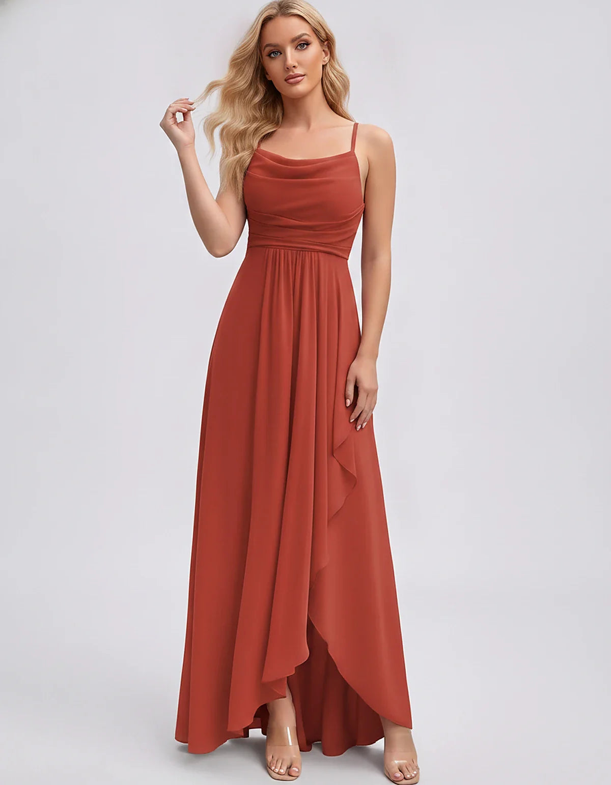 Chiffon Sleeveless Cowl Neck A-Line Maxi Dress for Party, Cocktail, Evening, Wedding Guest, Bridesmaid & Summer Events, front | SKU: SM-482716395814207-CORAL-L,SM-482716395814207-CORAL-M,SM-482716395814207-CORAL-S,SM-482716395814207-CORAL-XL,SM-482716395814207-CORAL-XS
