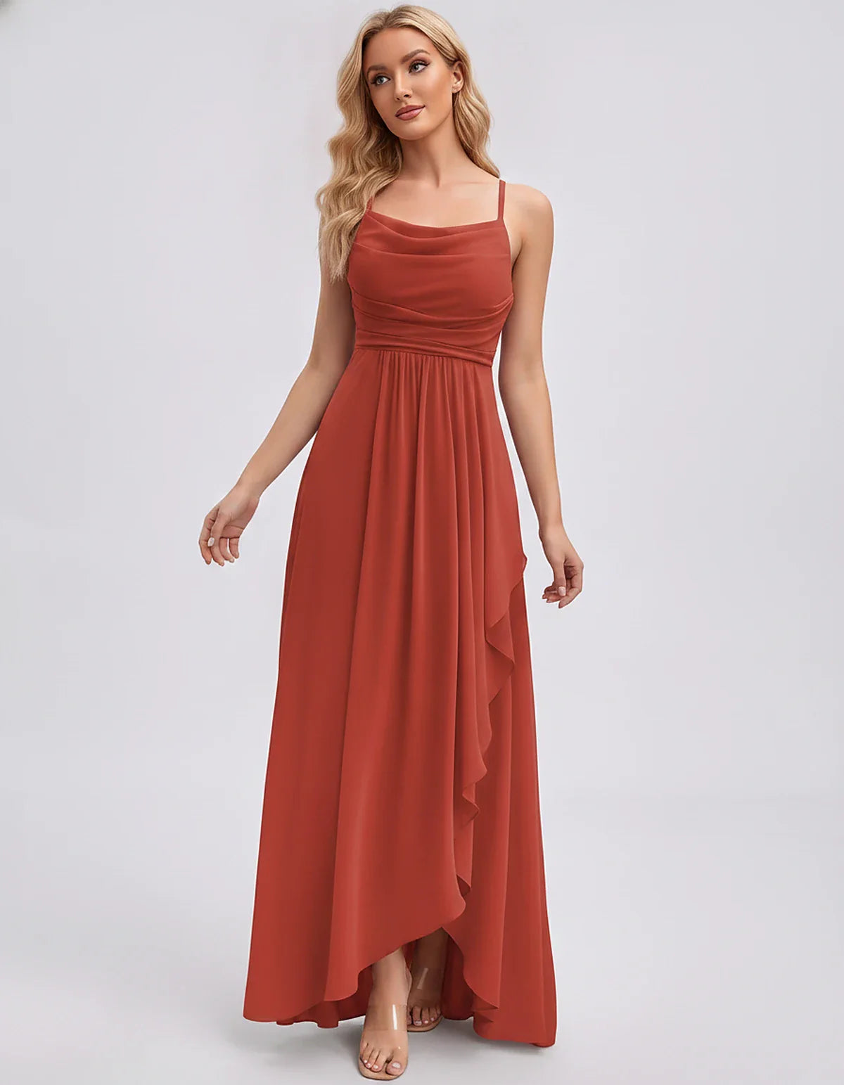Chiffon Sleeveless Cowl Neck A-Line Maxi Dress for Party, Cocktail, Evening, Wedding Guest, Bridesmaid & Summer Events, front | SKU: SM-482716395814207-CORAL-L,SM-482716395814207-CORAL-M,SM-482716395814207-CORAL-S,SM-482716395814207-CORAL-XL,SM-482716395814207-CORAL-XS