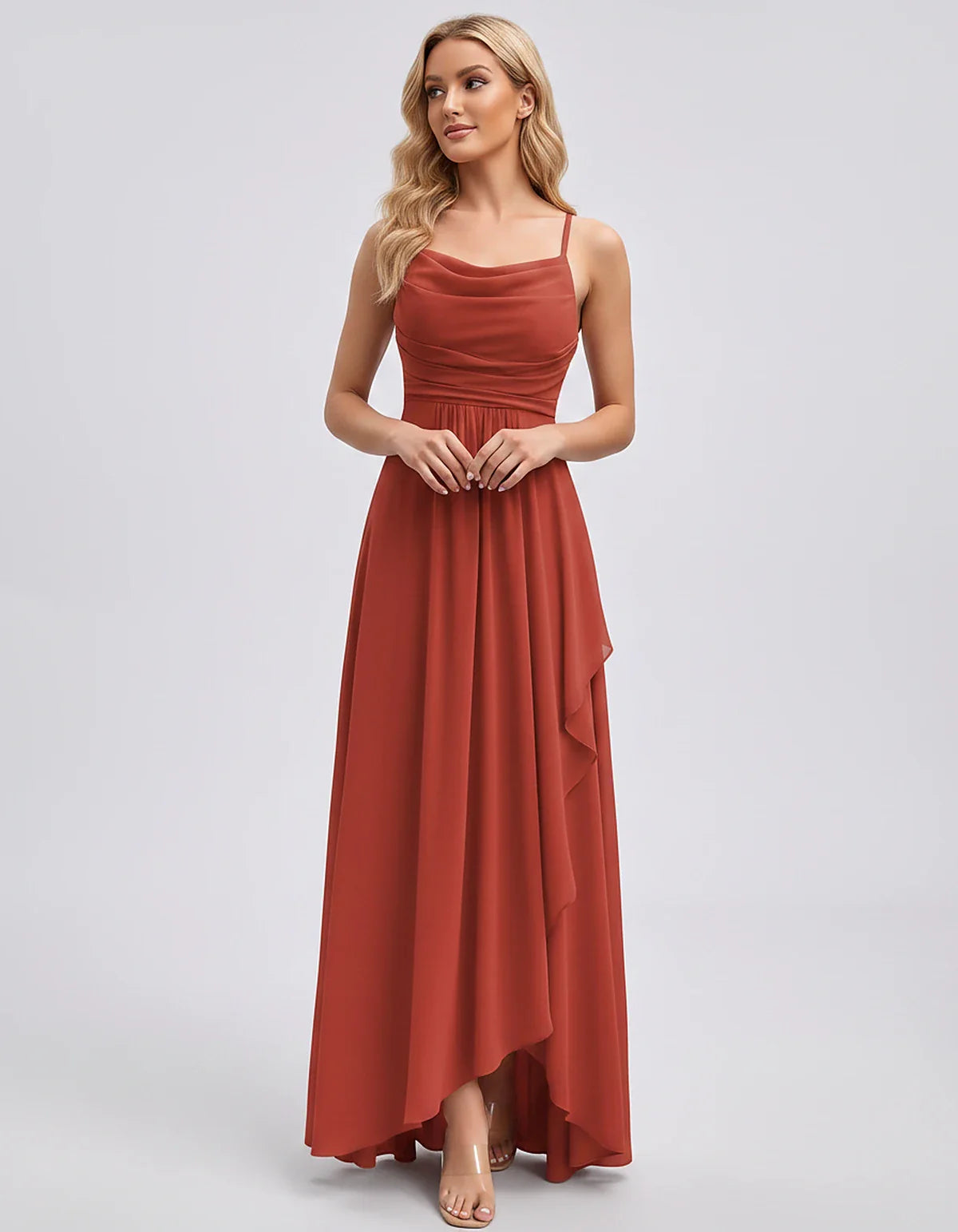 Chiffon Sleeveless Cowl Neck A-Line Maxi Dress for Party, Cocktail, Evening, Wedding Guest, Bridesmaid & Summer Events, front | SKU: SM-482716395814207-CORAL-L,SM-482716395814207-CORAL-M,SM-482716395814207-CORAL-S,SM-482716395814207-CORAL-XL,SM-482716395814207-CORAL-XS