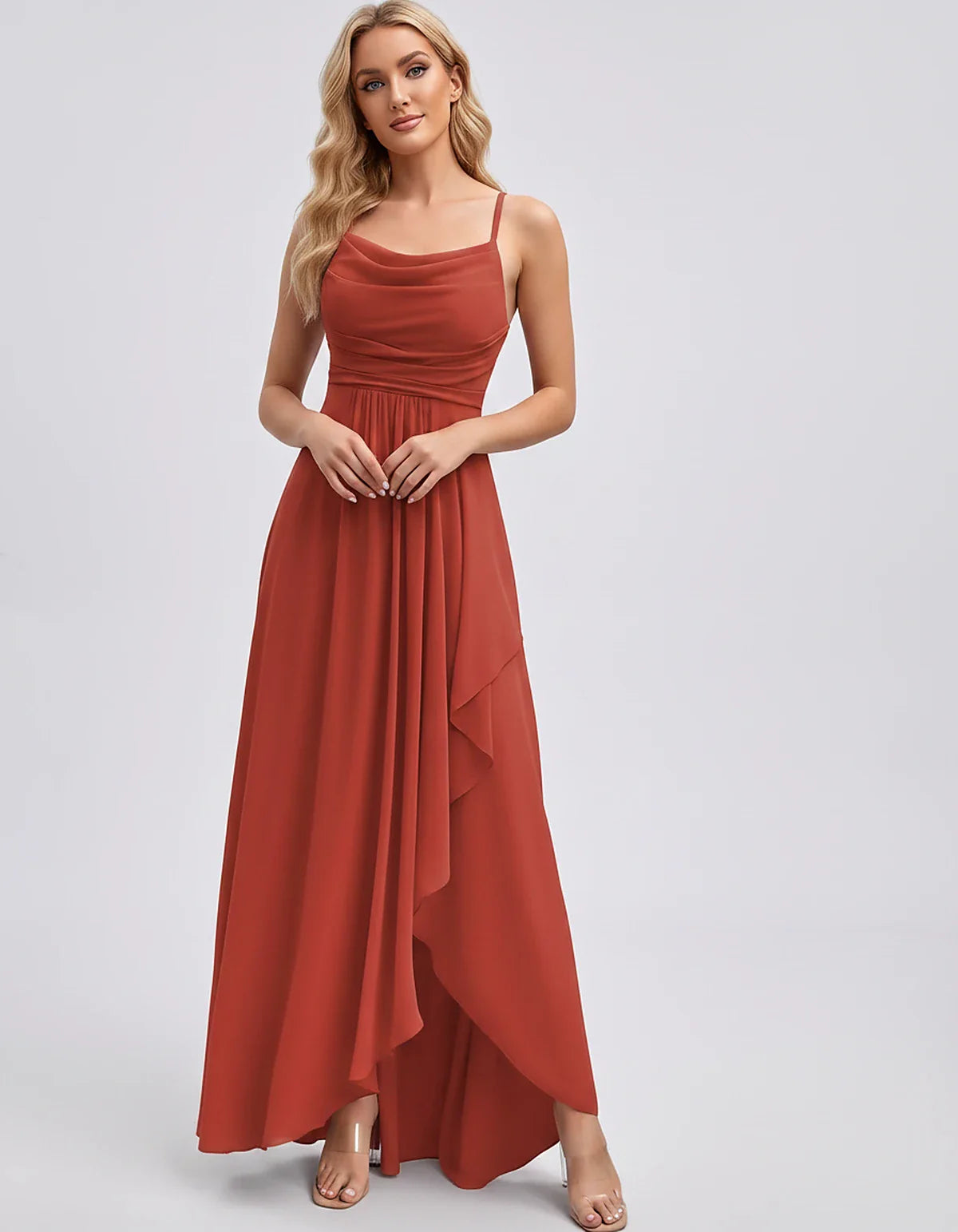 Chiffon Sleeveless Cowl Neck A-Line Maxi Dress for Party, Cocktail, Evening, Wedding Guest, Bridesmaid & Summer Events, front | SKU: SM-482716395814207-CORAL-L,SM-482716395814207-CORAL-M,SM-482716395814207-CORAL-S,SM-482716395814207-CORAL-XL,SM-482716395814207-CORAL-XS