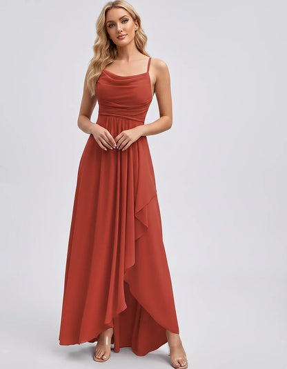 Chiffon Sleeveless Cowl Neck A-Line Maxi Dress for Party, Cocktail, Evening, Wedding Guest, Bridesmaid & Summer Events, front | SKU: SM-482716395814207-CORAL-L,SM-482716395814207-CORAL-M,SM-482716395814207-CORAL-S,SM-482716395814207-CORAL-XL,SM-482716395814207-CORAL-XS