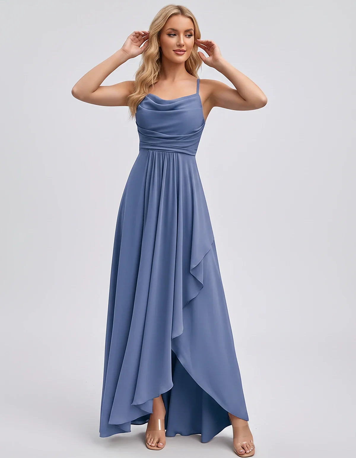 Chiffon Sleeveless Cowl Neck A-Line Maxi Dress for Party, Cocktail, Evening, Wedding Guest, Bridesmaid & Summer Events, front | SKU: SM-482716395814207-DUSTYBLUE-L,SM-482716395814207-DUSTYBLUE-M,SM-482716395814207-DUSTYBLUE-S,SM-482716395814207-DUSTYBLUE-XL,SM-482716395814207-DUSTYBLUE-XS