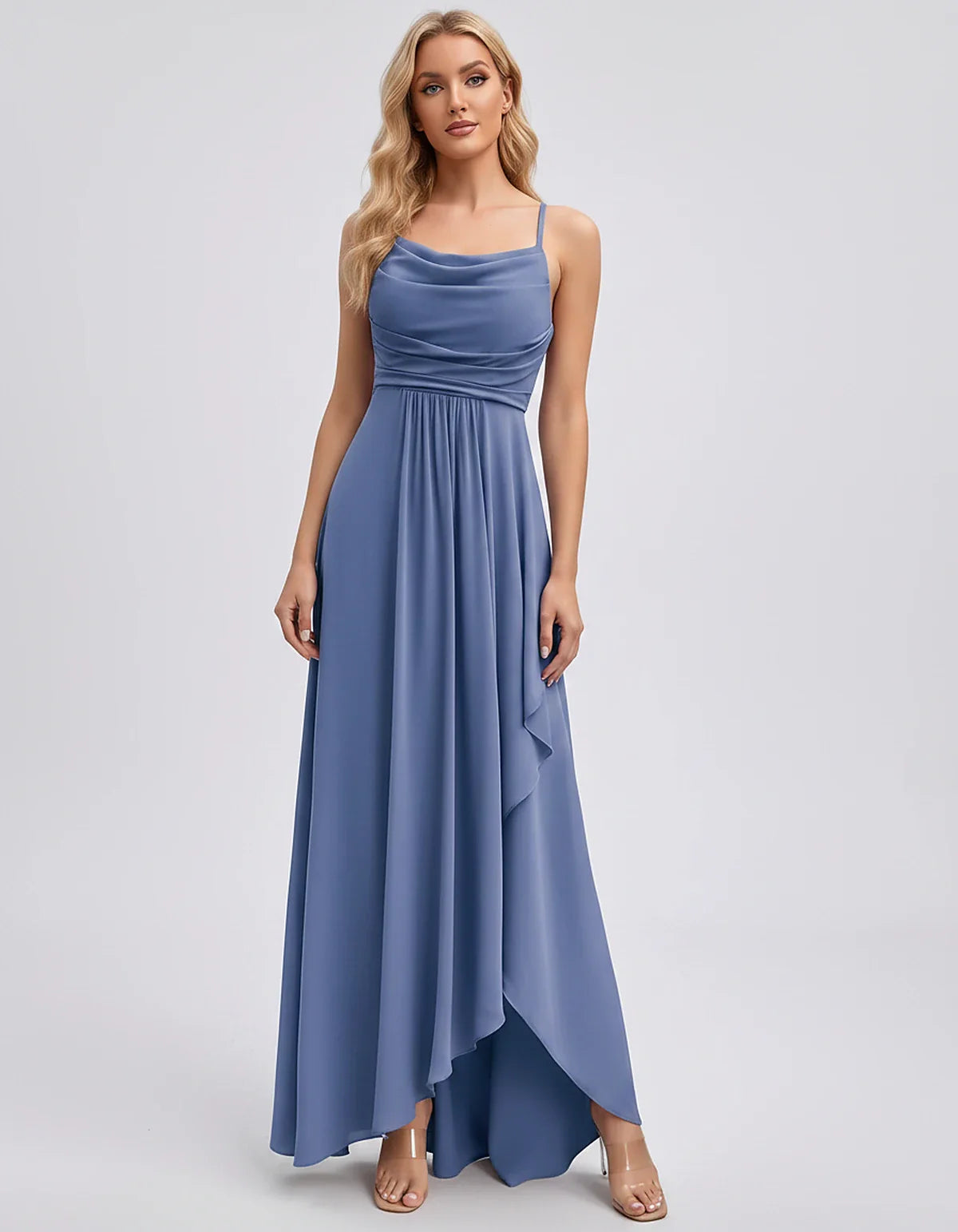 Chiffon Sleeveless Cowl Neck A-Line Maxi Dress for Party, Cocktail, Evening, Wedding Guest, Bridesmaid & Summer Events, front | SKU: SM-482716395814207-DUSTYBLUE-L,SM-482716395814207-DUSTYBLUE-M,SM-482716395814207-DUSTYBLUE-S,SM-482716395814207-DUSTYBLUE-XL,SM-482716395814207-DUSTYBLUE-XS