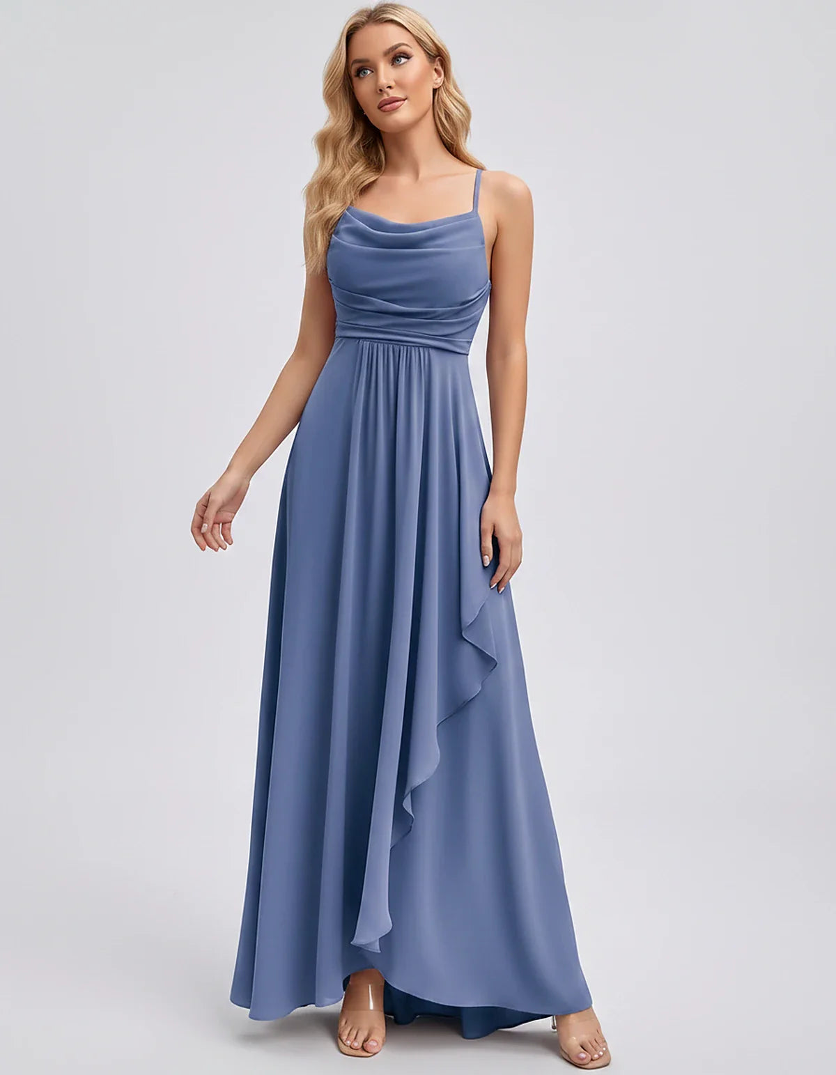 Chiffon Sleeveless Cowl Neck A-Line Maxi Dress for Party, Cocktail, Evening, Wedding Guest, Bridesmaid & Summer Events, front | SKU: SM-482716395814207-DUSTYBLUE-L,SM-482716395814207-DUSTYBLUE-M,SM-482716395814207-DUSTYBLUE-S,SM-482716395814207-DUSTYBLUE-XL,SM-482716395814207-DUSTYBLUE-XS