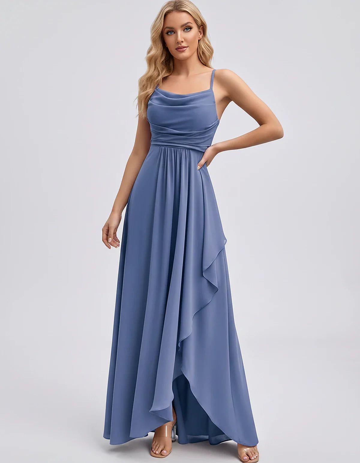 Chiffon Sleeveless Cowl Neck A-Line Maxi Dress for Party, Cocktail, Evening, Wedding Guest, Bridesmaid & Summer Events, front | SKU: SM-482716395814207-DUSTYBLUE-L,SM-482716395814207-DUSTYBLUE-M,SM-482716395814207-DUSTYBLUE-S,SM-482716395814207-DUSTYBLUE-XL,SM-482716395814207-DUSTYBLUE-XS